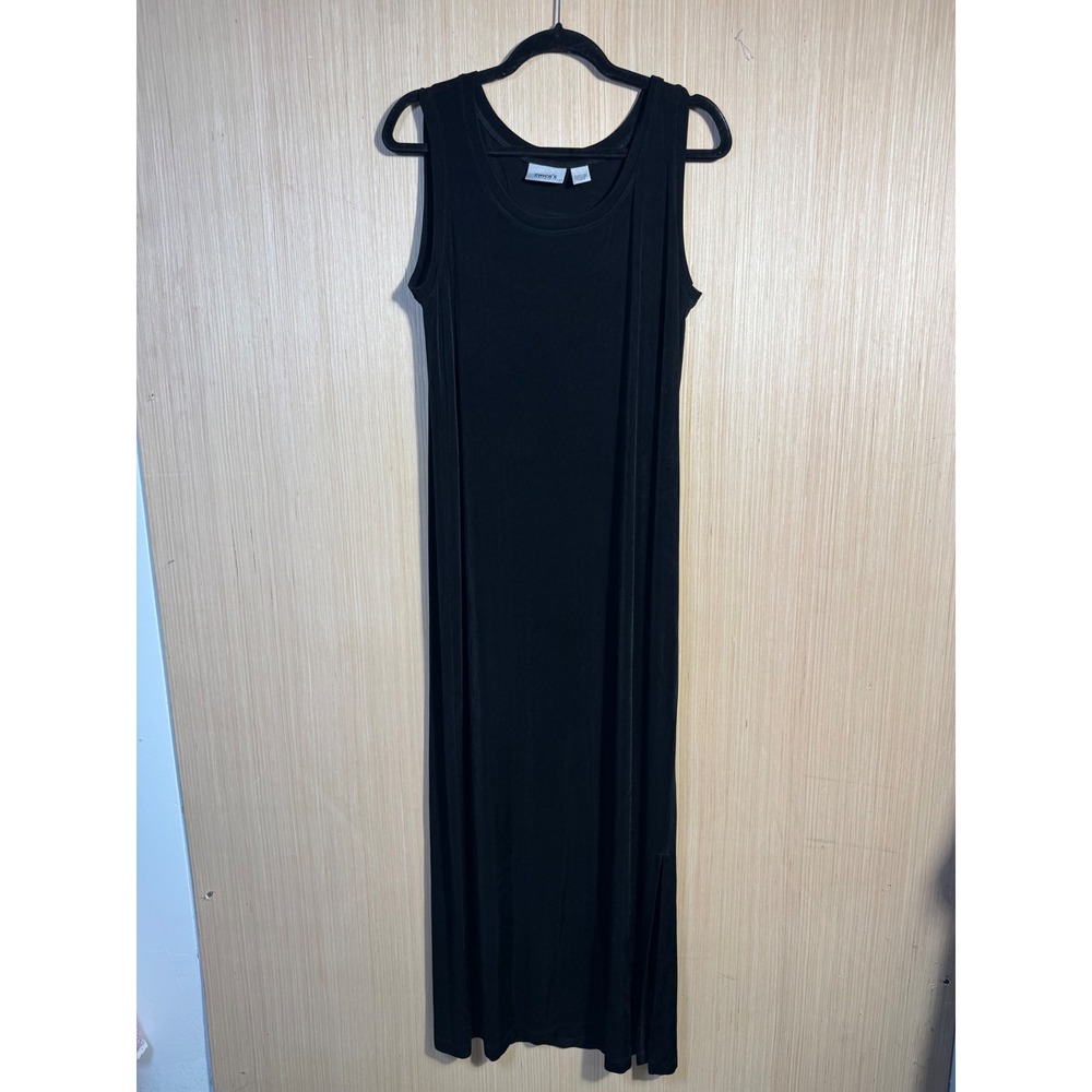 Chicos Travelers Black Sleeveless Maxi Dress Size 3 Scoop Neck Side Slit USA